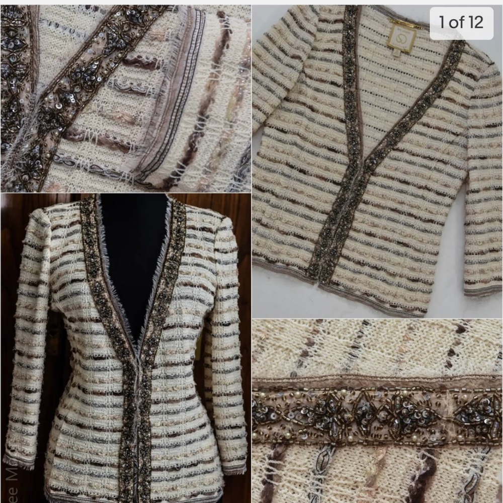MINT ST JOHN COUTURE CREAM/ BEIGE GOLD/SILVER BEAD ACCENT JACKET SZ 8 (fit 6)